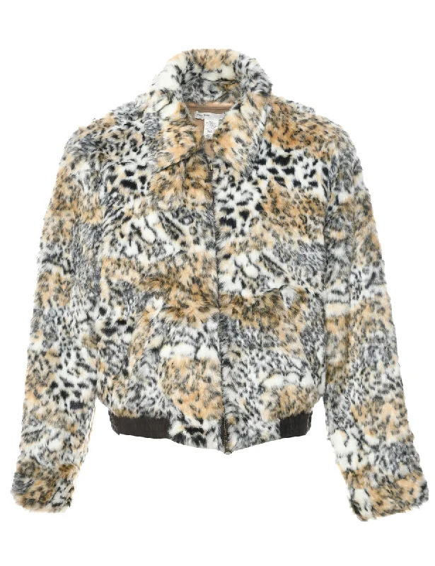 Leopard Print Faux Fur Jacket - L Print Jacket Jacquard Jacket Patchwork Jacket