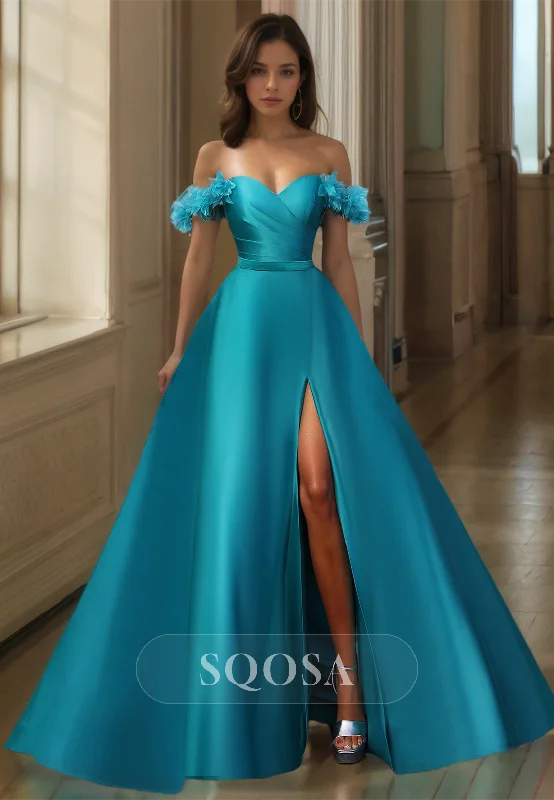 Sweetheart Off-Shoulder Pleated Party Dress Sleeveless Floor-Length A-Line Prom Dress with Floral Embellished Turtleneck Neckline Stylish Sweetheart Off-Shoulder Pleated Party Dress Sleeveless Floor-Length A-Line Prom Dress with Floral Embellished Turtleneck Neckline Stylish