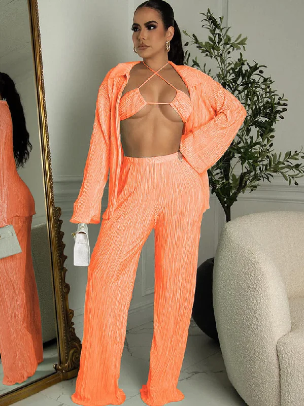 Three Piece Long Sleeve Cardigan & Wide Leg Pants Suit Front Pockets Side Pockets Patch Pockets Three Piece Long Sleeve Cardigan & Wide Leg Pants Suit Front Pockets Side Pockets Patch Pockets