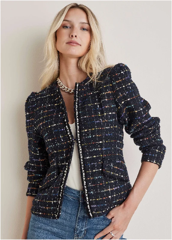 Rhinestone Tweed Jacket - Black Multi Faux Fur Fabric Real Fur Fabric Shearling Fabric Rhinestone Tweed Jacket - Black Multi Faux Fur Fabric Real Fur Fabric Shearling Fabric