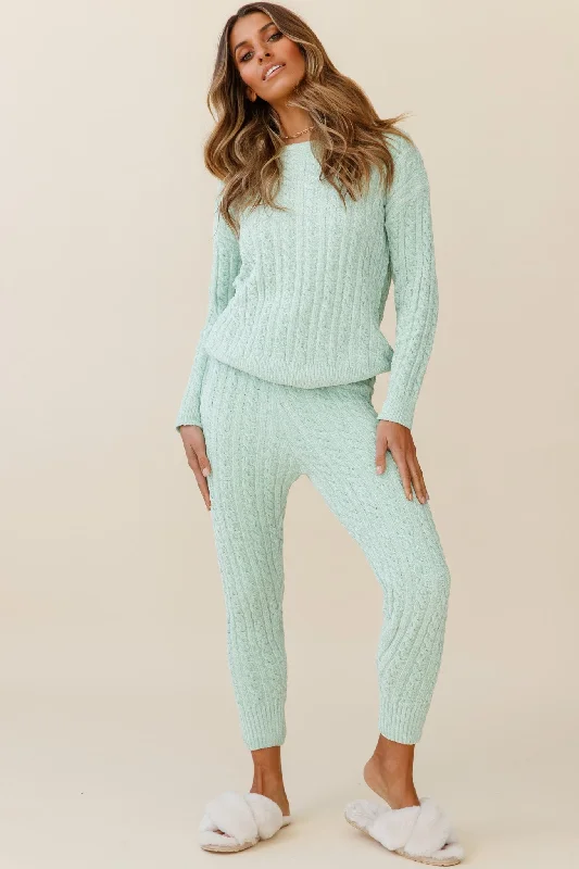 Kansas Cable Knit Fitted Pants Green Casual Plaid Pants