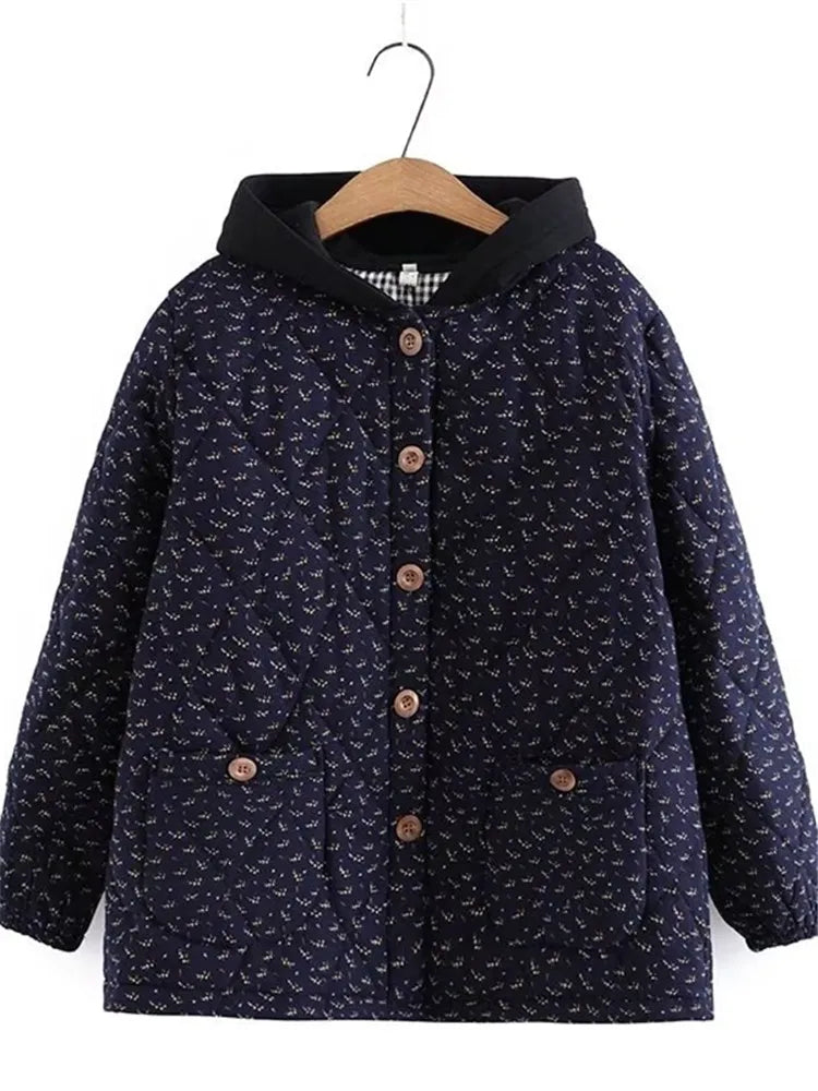 Plus Size Women's Winter Jacket Hooded Long Sleeve With Buttons Thicker Jacket Flower Cotton Padded And Thickened Cotton Jacket Knit Jacket Woven Jacket Fleece Jacket Plus Size Women's Winter Jacket Hooded Long Sleeve With Buttons Thicker Jacket Flower Cotton Padded And Thickened Cotton Jacket Knit Jacket Woven Jacket Fleece Jacket