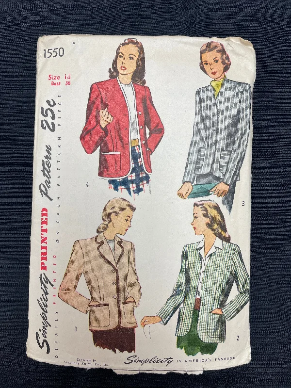 1945 Simplicity 1550 Pattern - Jacket Jersey Jacket Tulle Jacket Batik Jacket