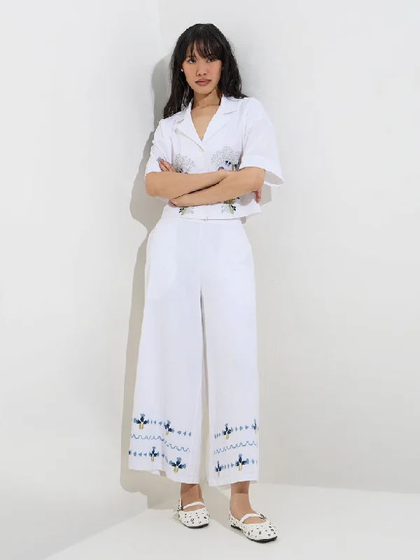 Bombay Paisley Ivory Floral Embroidered Cotton-Blend Pants Classic Cropped Pants