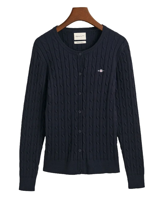 Stretch Cotton Cable Cardigan - Evening Blue Herringbone Houndstooth Plaid