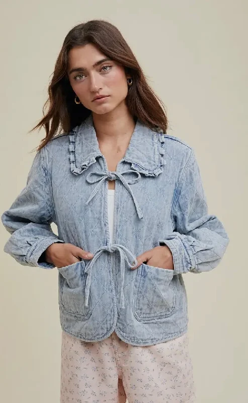 Quilted Denim Jacket Welt Pockets Slit Pockets Flap Pockets