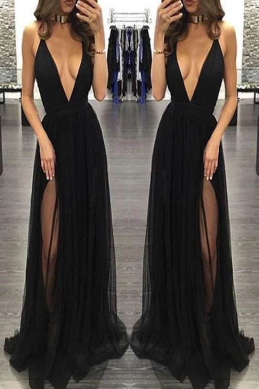 Sexy Spaghetti Straps Deep V-neck Sleeveless Black Tulle Prom Party Dress Tunics Chic fashionable Sexy Spaghetti Straps Deep V-neck Sleeveless Black Tulle Prom Party Dress Tunics Chic fashionable