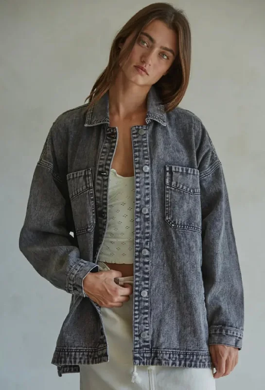 Woven 100% Cotton Washed Denim Jacket Tailored Jacket Straight Jacket A-Line Jacket