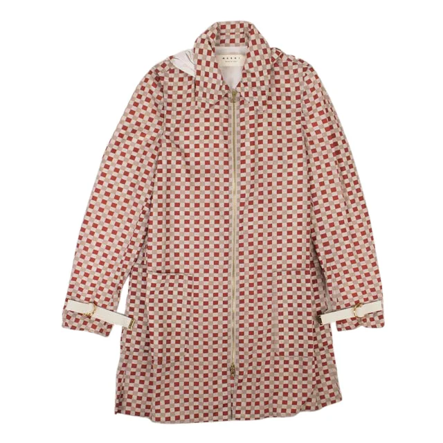 Marni Women's Beige And Red Nylon Zip-Up Checked Jacket Welt Pockets Slit Pockets Flap Pockets