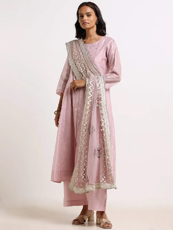 Vark Lilac Embroidered Kurta, Inner, Pants & Dupatta Set Trendy Velvet Pants