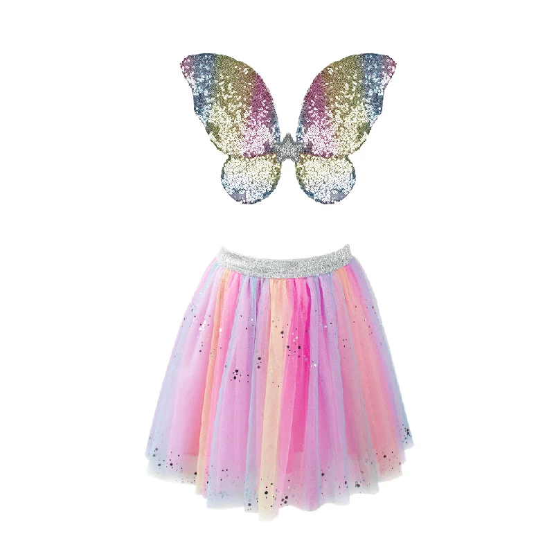 Great Pretenders Rainbow Sequins Skirt with Fairy Wings & Wand Play Costume Set denim skirt fashionable Great Pretenders Rainbow Sequins Skirt with Fairy Wings & Wand Play Costume Set denim skirt fashionable