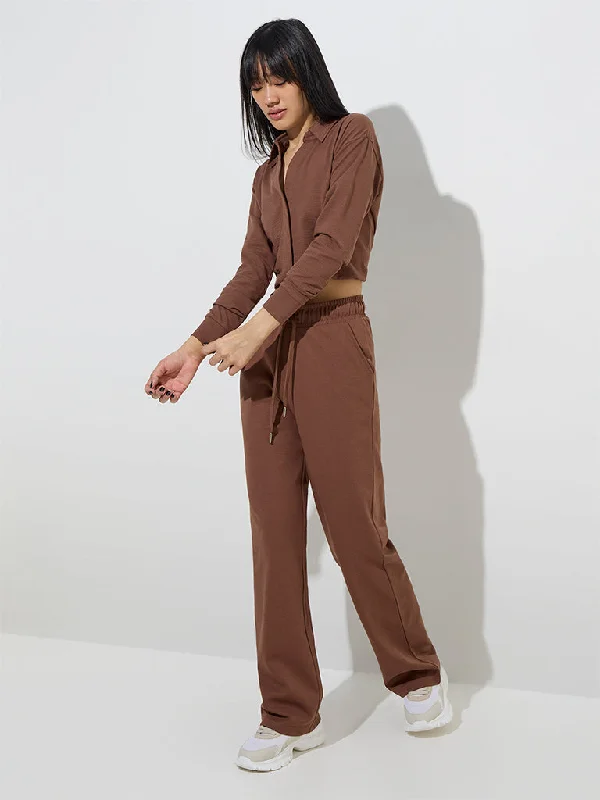 Studiofit Brown High-Rise Cotton-Blend Track Pants Relaxed Casual Leggings