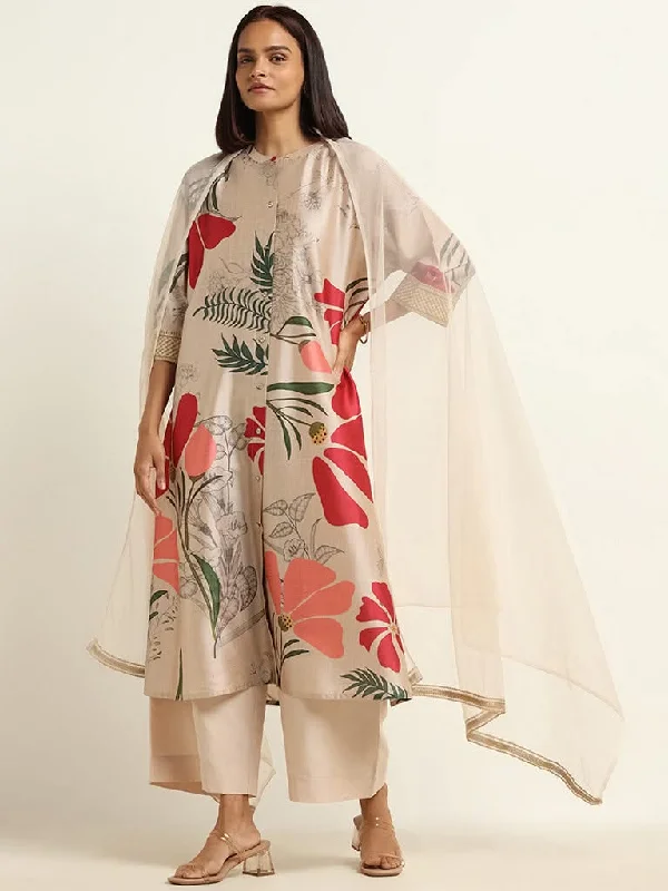 Vark Beige Kurta, Pants & Dupatta Set Comfy Zip-Up Pants