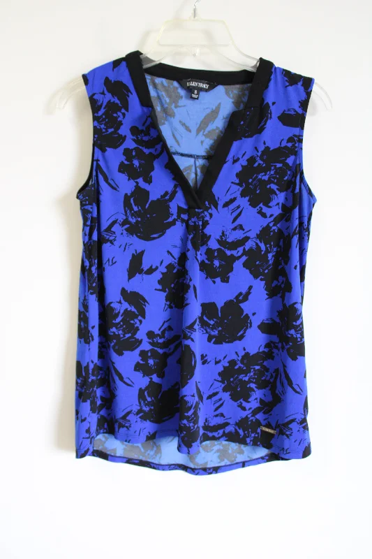 Ellen Tracy Blue Black Cobalt Floral Tank | S rhinestone tank top