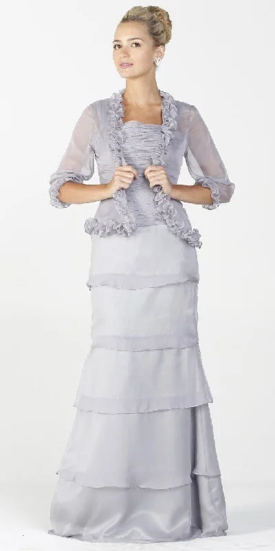 Poly USA | Ed Young 6484 Long Modest Formal Dress Ruffles Bolero Jacket Denim Fabric Leather Fabric Suede Fabric Poly USA | Ed Young 6484 Long Modest Formal Dress Ruffles Bolero Jacket Denim Fabric Leather Fabric Suede Fabric