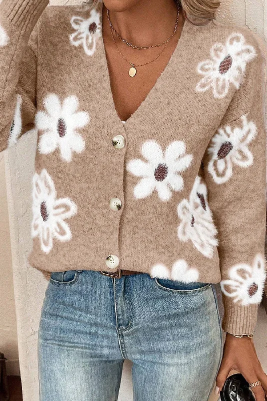 Blue Zone Planet | Smoke Gray Floral Print V Neck Knitted Button Up Cardigan Solid Color Striped Floral Print Blue Zone Planet | Smoke Gray Floral Print V Neck Knitted Button Up Cardigan Solid Color Striped Floral Print