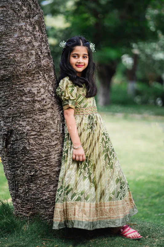 Girls Party Gown in Green Tissue Silk with Golden Floral Motifs and Pleated Full-Length Skirt leather skirt bold Girls Party Gown in Green Tissue Silk with Golden Floral Motifs and Pleated Full-Length Skirt leather skirt bold