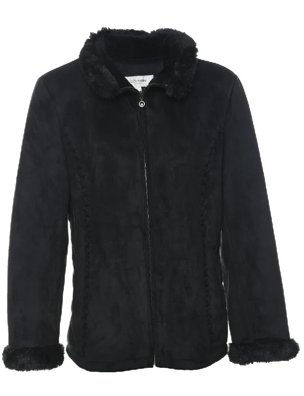 Liz Claiborne Black Zip-Front Faux Shearling Lined Jacket - L Boat Neck Shawl Collar Notched Collar Liz Claiborne Black Zip-Front Faux Shearling Lined Jacket - L Boat Neck Shawl Collar Notched Collar