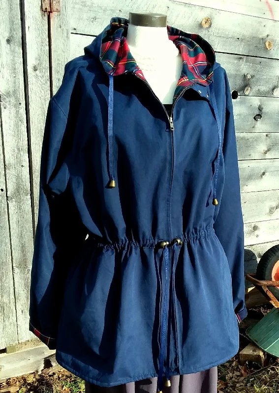 Tartan Lined Rain Jacket~Navy Wool Fabric Cashmere Fabric Tweed Fabric