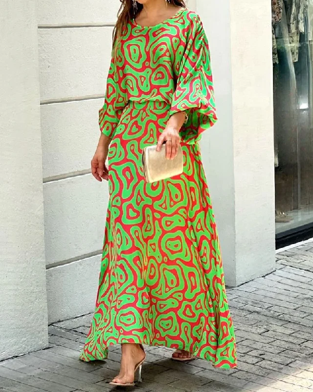 Casual Elegant Women Long Sleeve Lantern Sleeve Top Loose Graphicl Printing Skirt Set zip skirt side