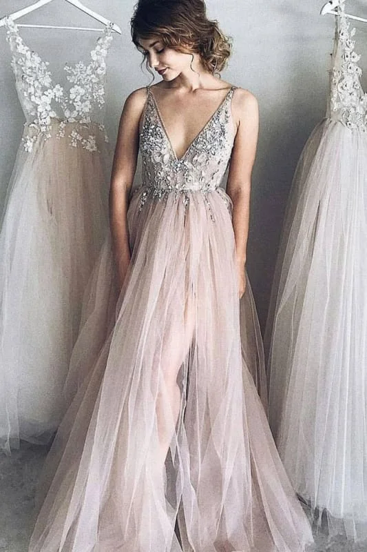 A-line V neck Long Tulle New Arrival Appliques Prom Dresses with Beads Party Dress Tunics Mesh breathable A-line V neck Long Tulle New Arrival Appliques Prom Dresses with Beads Party Dress Tunics Mesh breathable