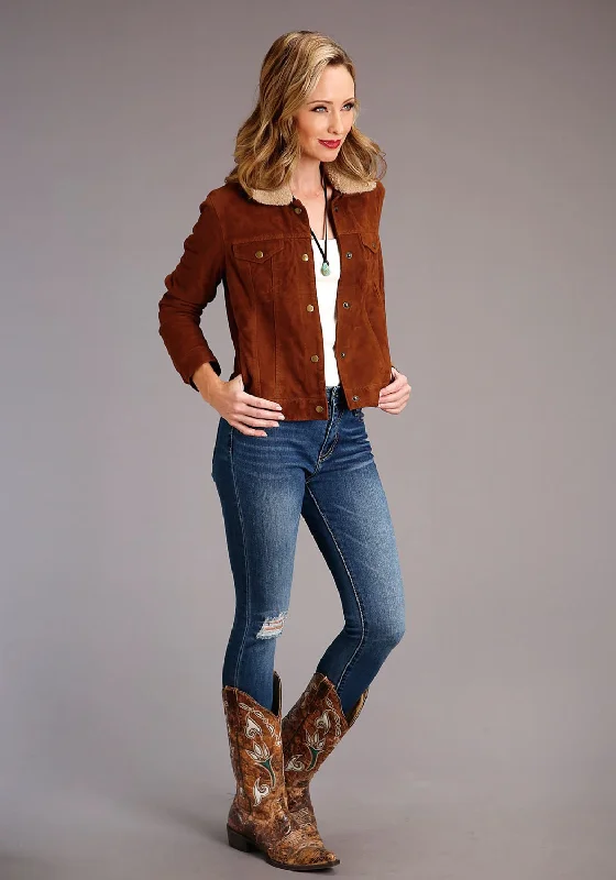 Stetson Womens Ginger Brown Leather Suede Jean Jacket Front Pockets Side Pockets Patch Pockets