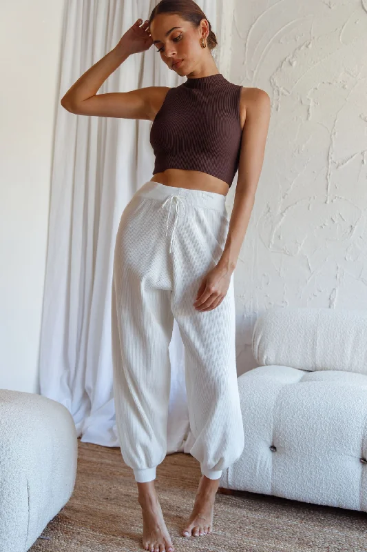 New Soul Drawstring Ribbed Knit Jogger Pants White Soft Sweatpants Style