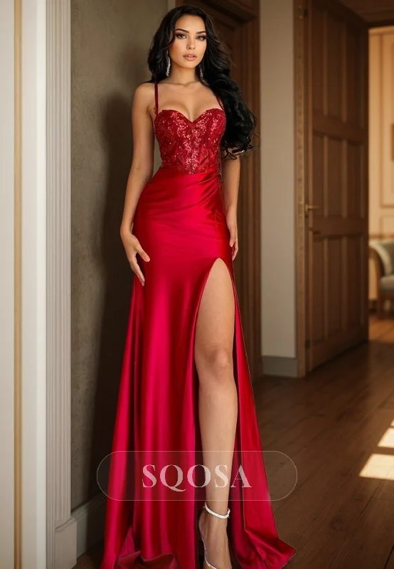 Spaghetti Straps Sweetheart Lace Appliques Red Mermaid Prom Party Dress with Slit Peplum Ruffle Cocktail Spaghetti Straps Sweetheart Lace Appliques Red Mermaid Prom Party Dress with Slit Peplum Ruffle Cocktail