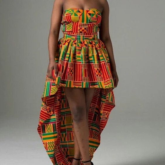Women's African Clothing. Asymmetrical Ankara Short Gown. African Kente Print Dress. African Party Dress. African Wedding Guest Dress. Glittery Long Formal Women's African Clothing. Asymmetrical Ankara Short Gown. African Kente Print Dress. African Party Dress. African Wedding Guest Dress. Glittery Long Formal