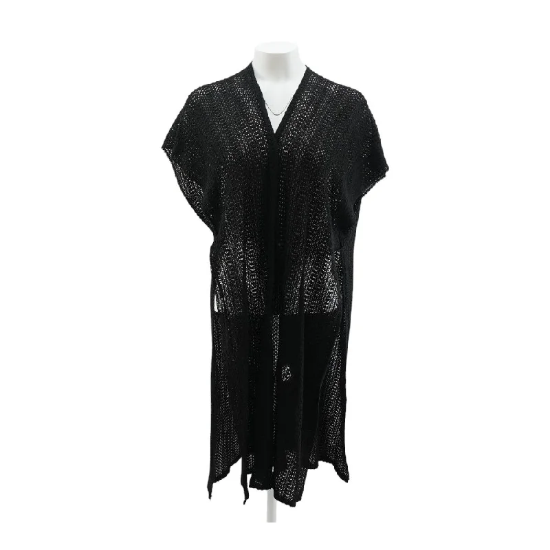 Black Solid Cardigan Sweater Chenille Blend Fleece Blend Nylon Blend
