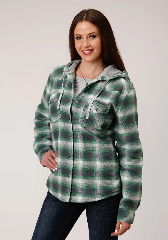 Roper Womens Green/White 100% Cotton Reversible Hooded Jacket Boat Neck Shawl Collar Notched Collar