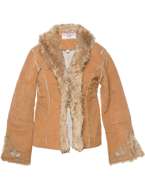 Light Brown Shearling Jacket - L Notch Collar Peter Pan Collar Cowl Neck