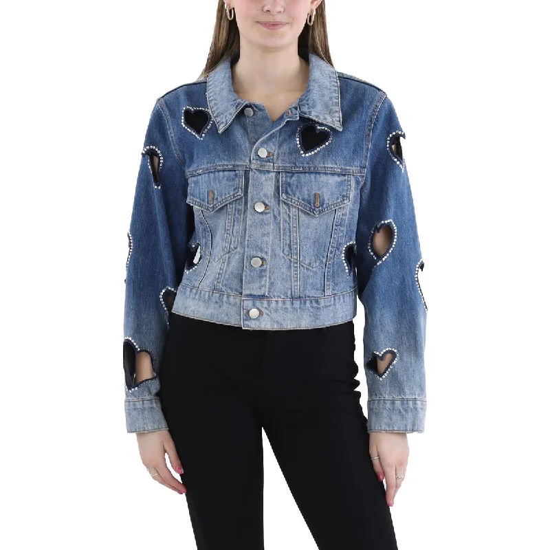 Alice and Olivia Womens Jeff Cropped Embellished Denim Jacket Snapped Jacket Toggled Jacket Drawstring Jacket