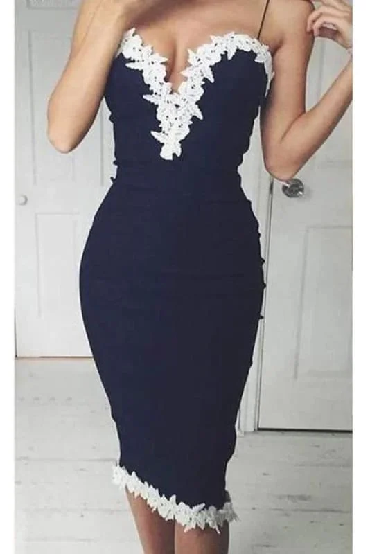 Navy Blue Spaghetti Strap Applique Sheath Short Homecoming Dresses Party Dress Tunics Lace romantic Navy Blue Spaghetti Strap Applique Sheath Short Homecoming Dresses Party Dress Tunics Lace romantic