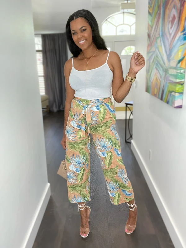 Tropical Print Capri Pants Relaxed Linen Pants