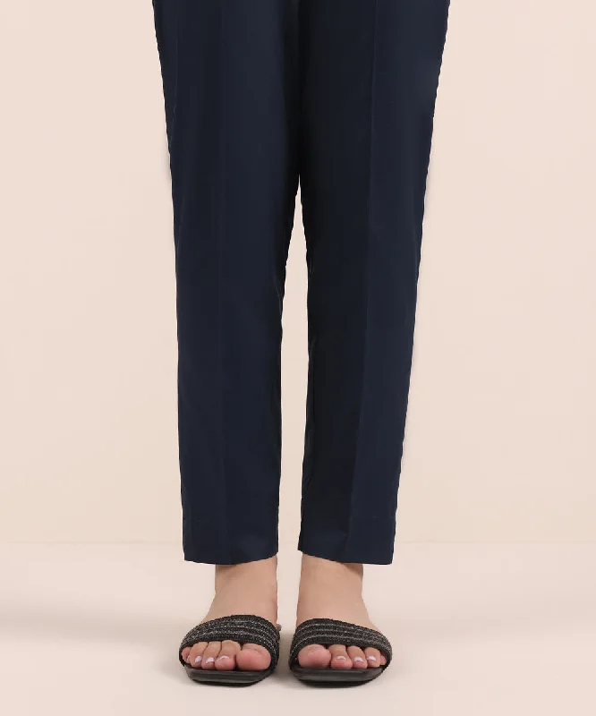 Solid Cambric Cigarette Pants Comfortable Pleated Pants