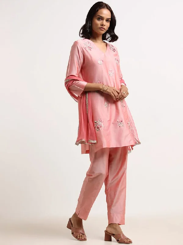 Vark Pink Embroidered Kurta, Pants & Dupatta Set Stretch Fit Pants