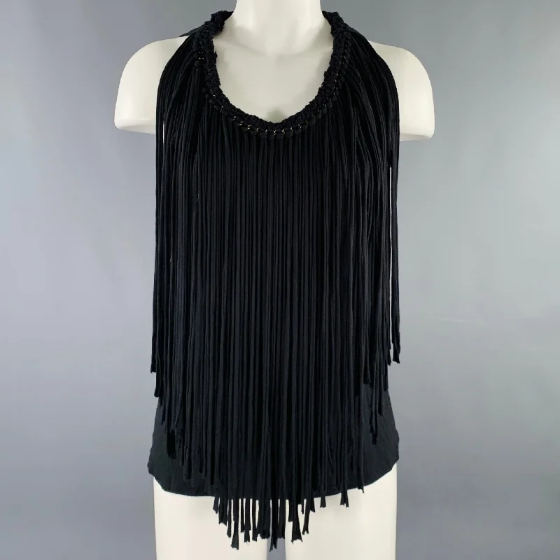 LANVIN Size S Black Jersey Fringe Tank Casual Top cold shoulder tank