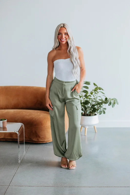 Adara Satin Cargo Pants - Olive Elegant Palazzo Trousers