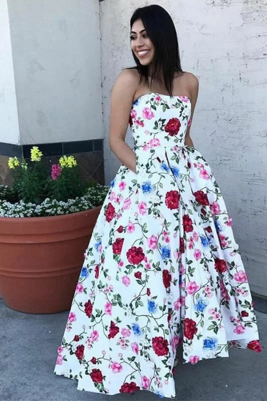 A-Line Strapless High Low White Printed Prom with Pockets Floral Party Dress Glittery Long Formal A-Line Strapless High Low White Printed Prom with Pockets Floral Party Dress Glittery Long Formal
