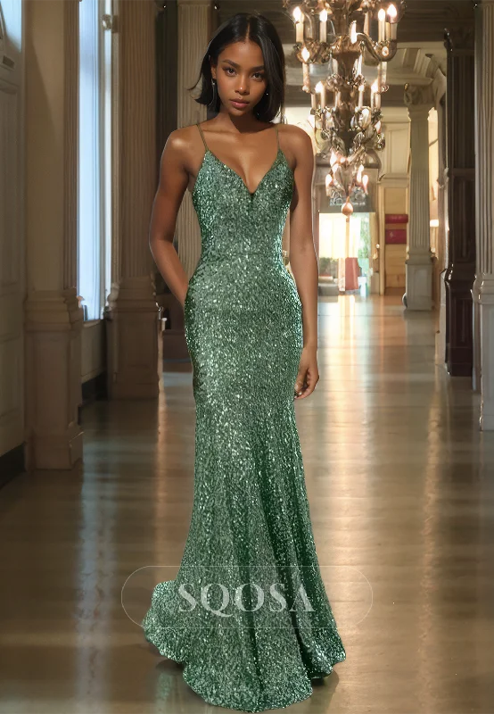 V-Neck Spaghetti Straps Off-Shoulder Mermaid Prom Dress Sleeveless Glitter-Knit Party Dress with Sweep Train Bodycon Fitted Nightout V-Neck Spaghetti Straps Off-Shoulder Mermaid Prom Dress Sleeveless Glitter-Knit Party Dress with Sweep Train Bodycon Fitted Nightout