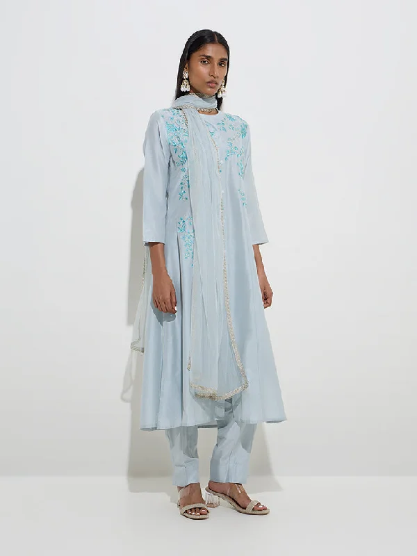 Vark Light Blue A-Line Kurta, Pants and Dupatta Set Fashionable Track Pants