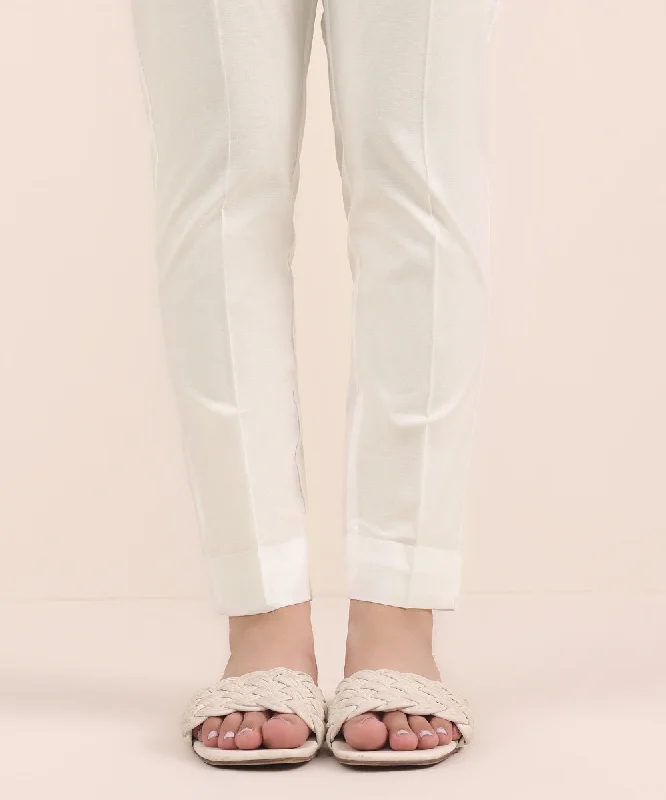 Solid Cambric Cigarette Pants Stylish Elastic Waist Pants