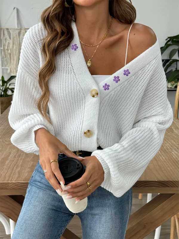 Floral Embroidered Applique Cropped Button Cardigan Sweater Stretchy Elastic Breathable Floral Embroidered Applique Cropped Button Cardigan Sweater Stretchy Elastic Breathable