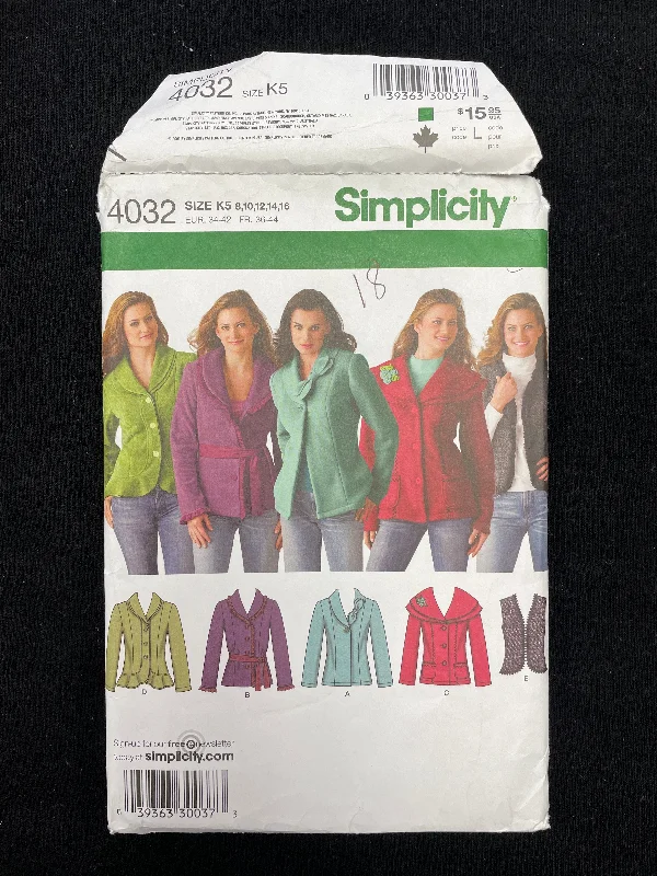 2006 Simplicity 4032 Sewing Pattern - Women's Jackets, Vest and Sash FACTORY FOLDED Hooded Jacket Caped Jacket Shawl Collar Jacket 2006 Simplicity 4032 Sewing Pattern - Women's Jackets, Vest and Sash FACTORY FOLDED Hooded Jacket Caped Jacket Shawl Collar Jacket
