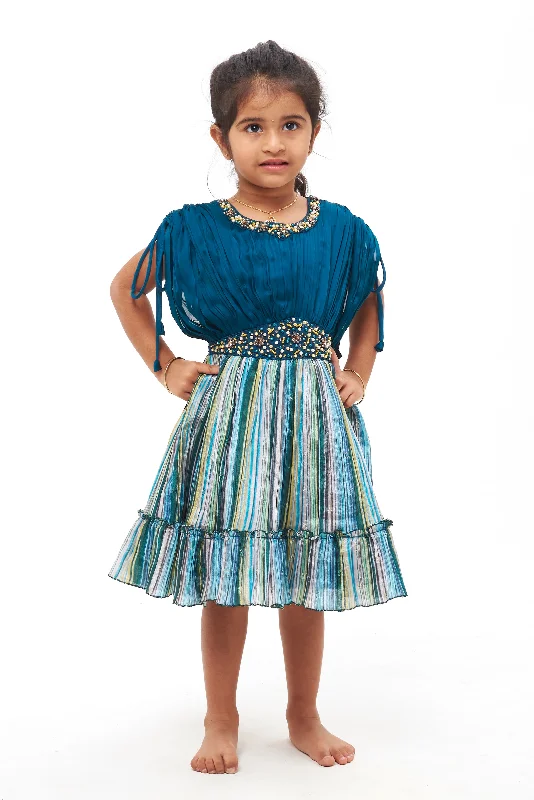 Pearl & Bead Embroidered with Multicolor Striped Patry Frock - Elegant Party Dress for Girls Tunics Print Colorful