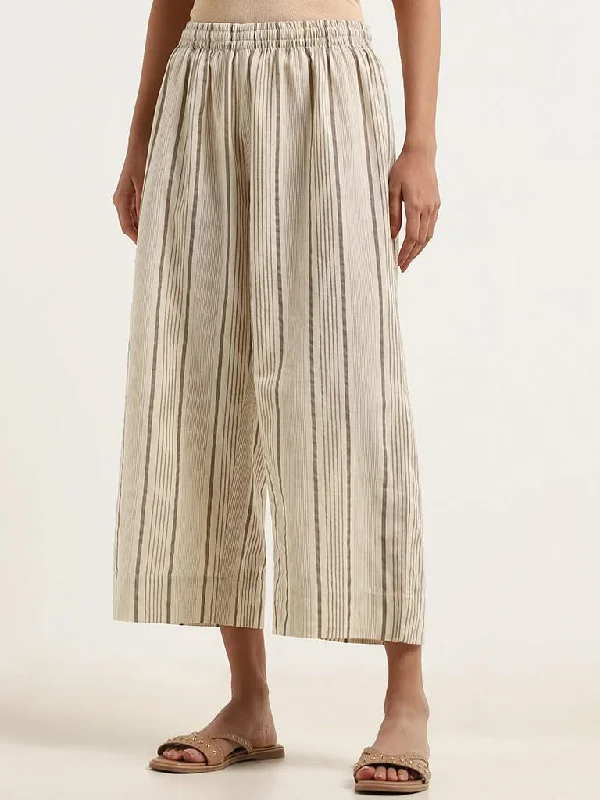 Utsa Cream Striped Blended Linen Wide-Leg Pants Classic Pleated Pants