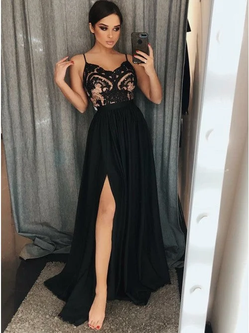 Black Prom Dress with Slit, Prom Dresses, Evening Gown, Graduation School Party Dress Tunics stripes playful Black Prom Dress with Slit, Prom Dresses, Evening Gown, Graduation School Party Dress Tunics stripes playful