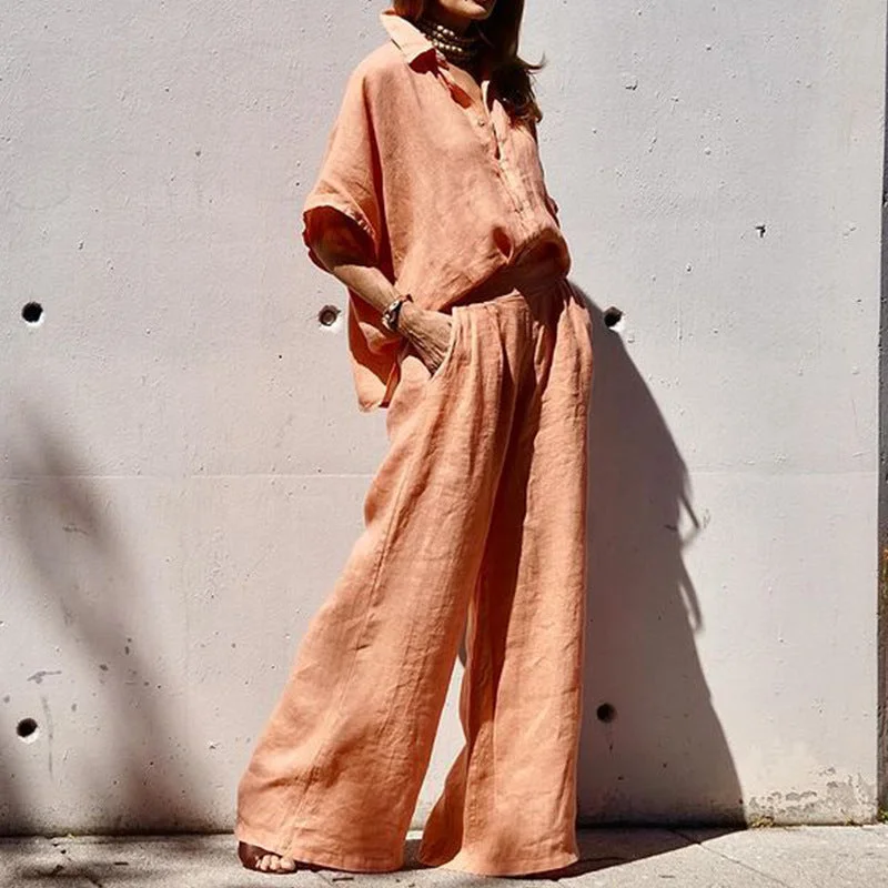 Women's Fashion Solid Color Loose Cotton And Linen Tops Pants Suit Casual Sweatpants Style