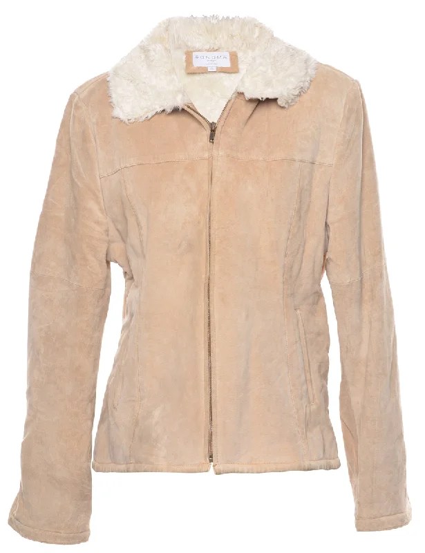Light Brown Shearling Suede Jacket - L Front Pockets Side Pockets Patch Pockets